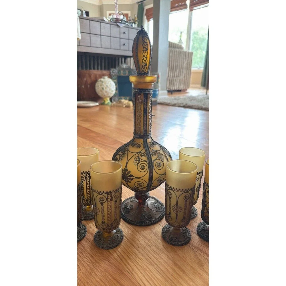 1973 Crete Amber & Green Glass/Metal Decanter Set, Floral Filigree, Stopper